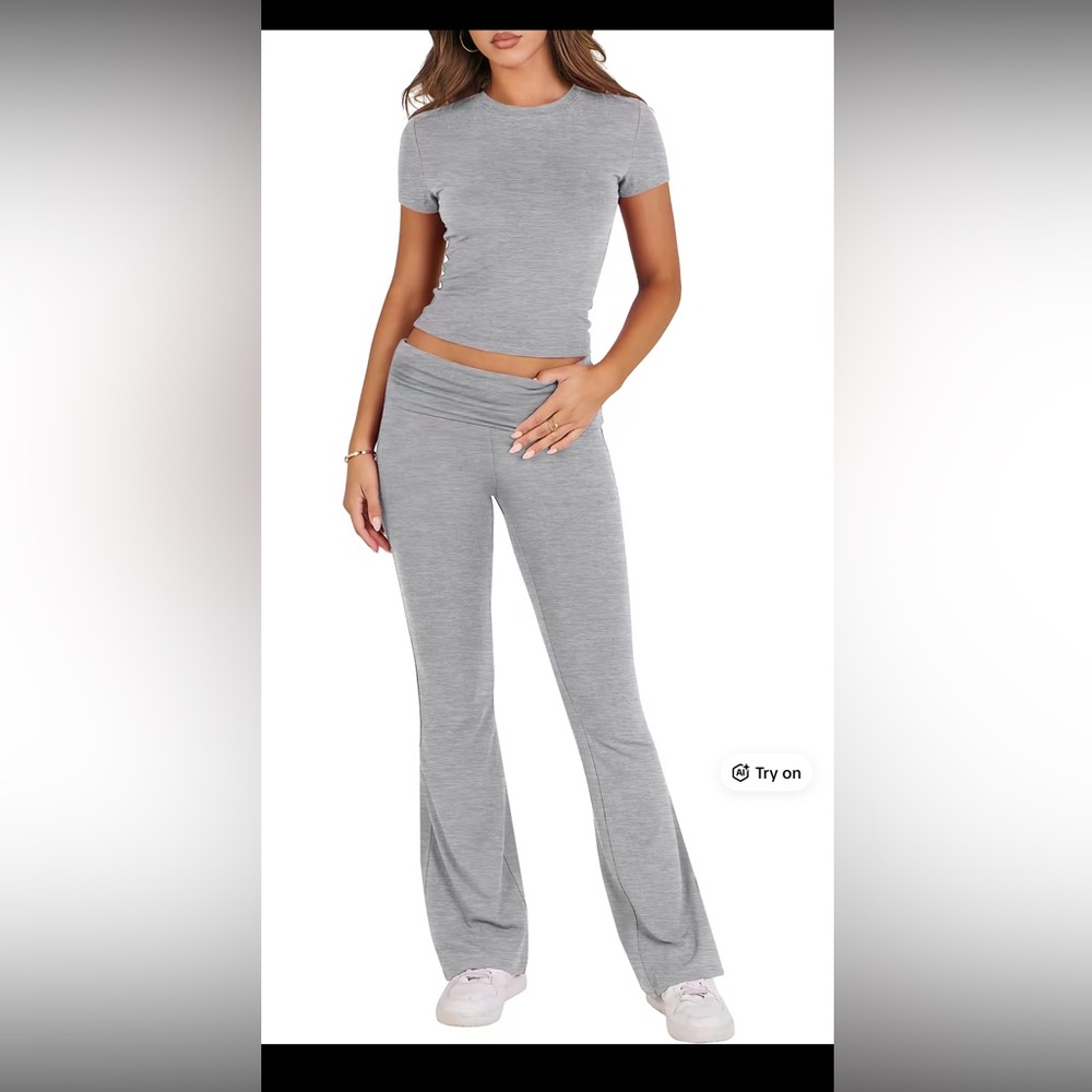Women's 2 Piece Set fold-over Flare Pants Set Short Sleeve 
Cropped, L , new